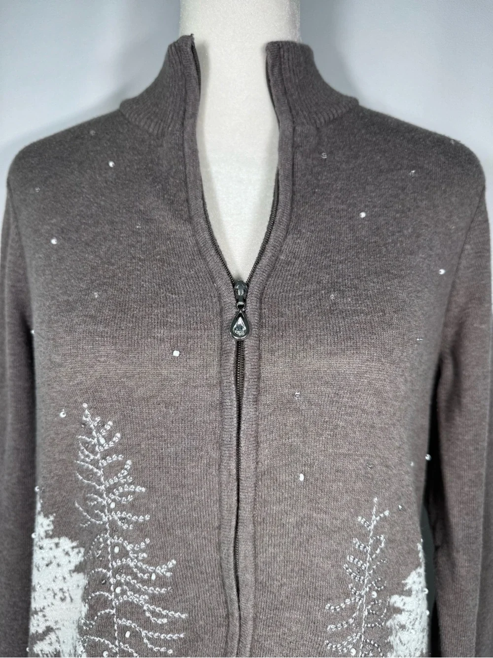 Christopher & Banks Hand Beaded Winter Scene Cardigan Sweater Gray Medium